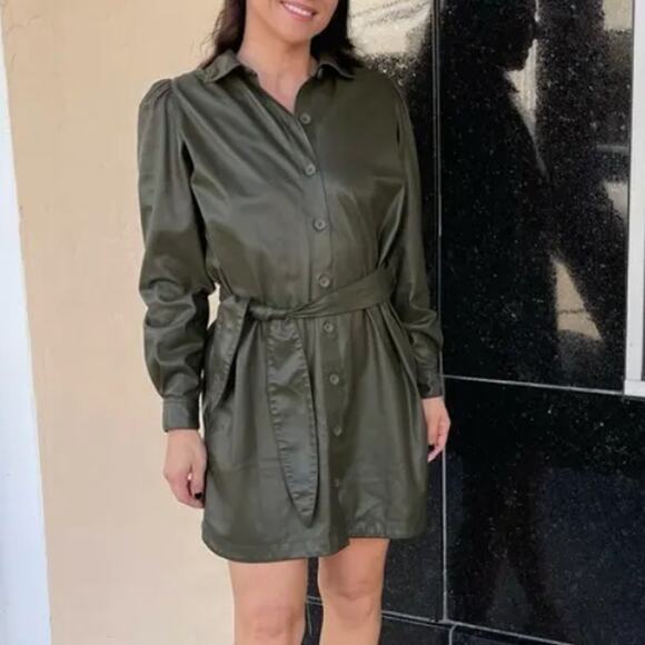 Peter Som Olive Green Faux Leather Mini Shirt Dress SIze 12 Career Designer $355 - Picture 7 of 13